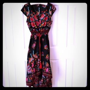 Boho style dress with peacock and roses design